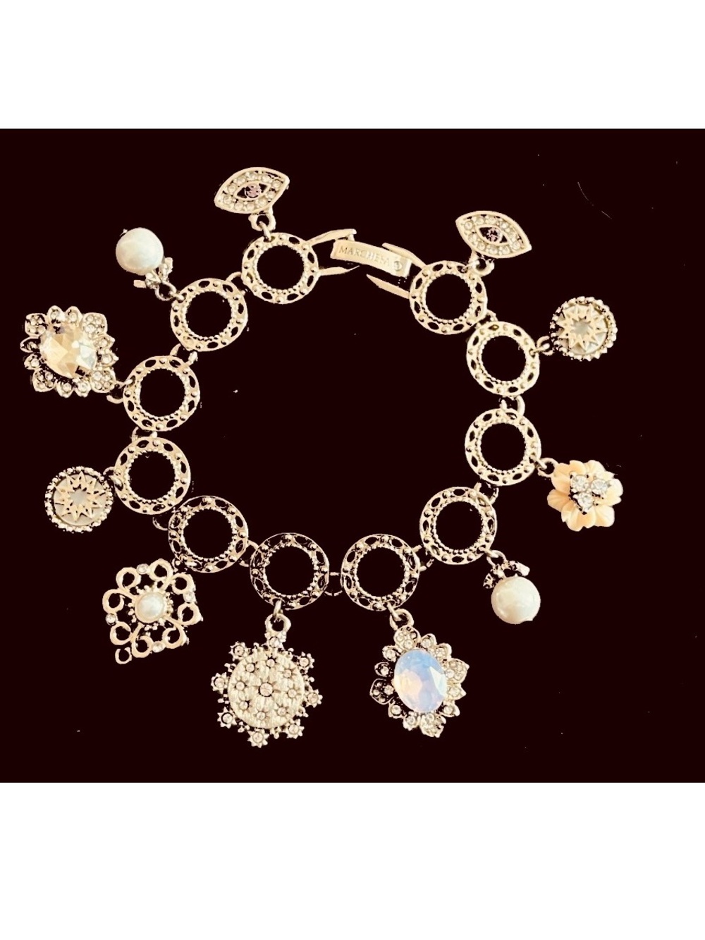 Marchesa Charm Bracelet, Gold Tone, Celestial, Floral, Crystals, Pearls